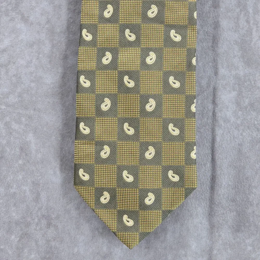Joseph Abboud‎ Gray Gold Paisley Weave Check 100% Silk Italy Men's Neck Tie NWOT